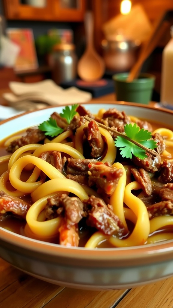 A bowl of Mississippi beef noodles with shredded beef and egg noodles in rich broth, garnished with parsley.
